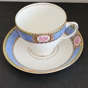 Sampson Smith Old Royal floral, flowers, blue, pink, England Teacup & Saucer